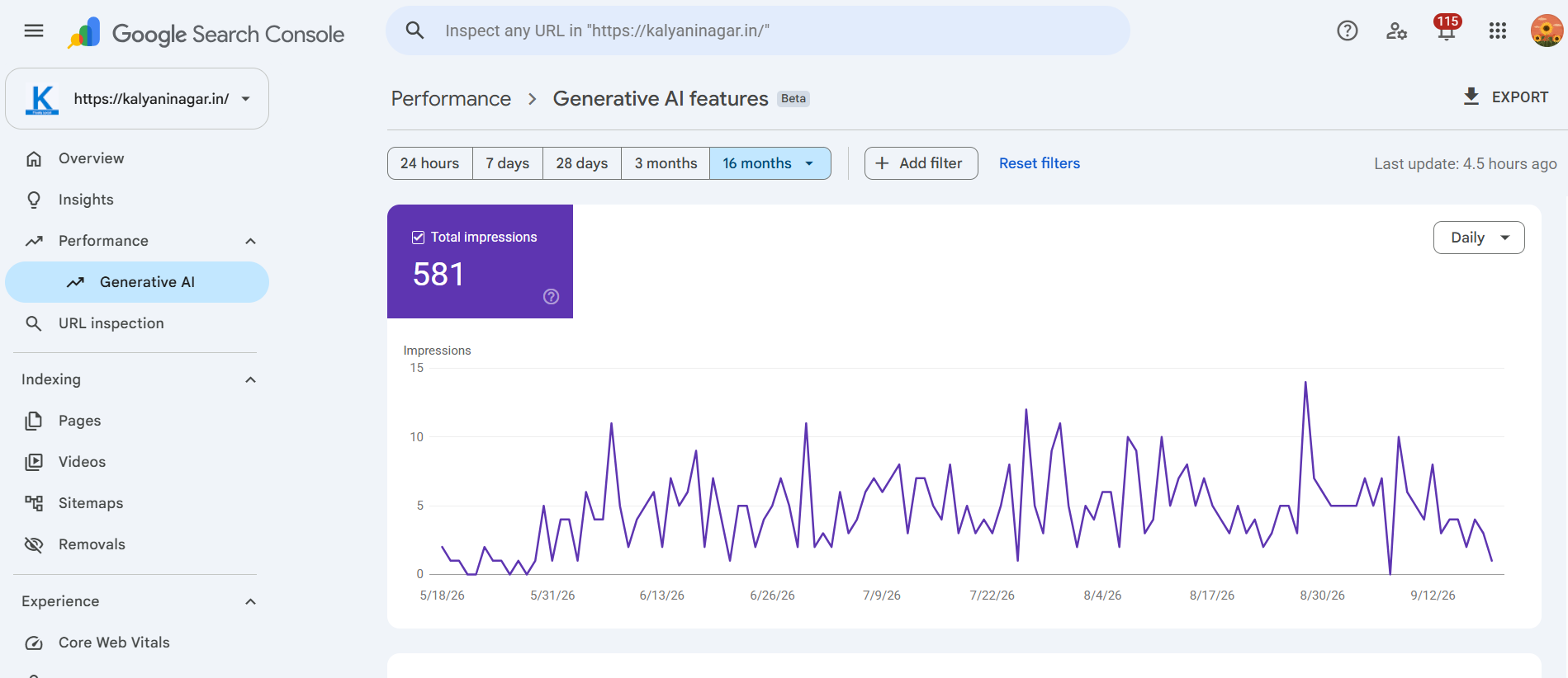 KalyaniNagar.in Google Search Console Generative AI performance showing 581 impressions