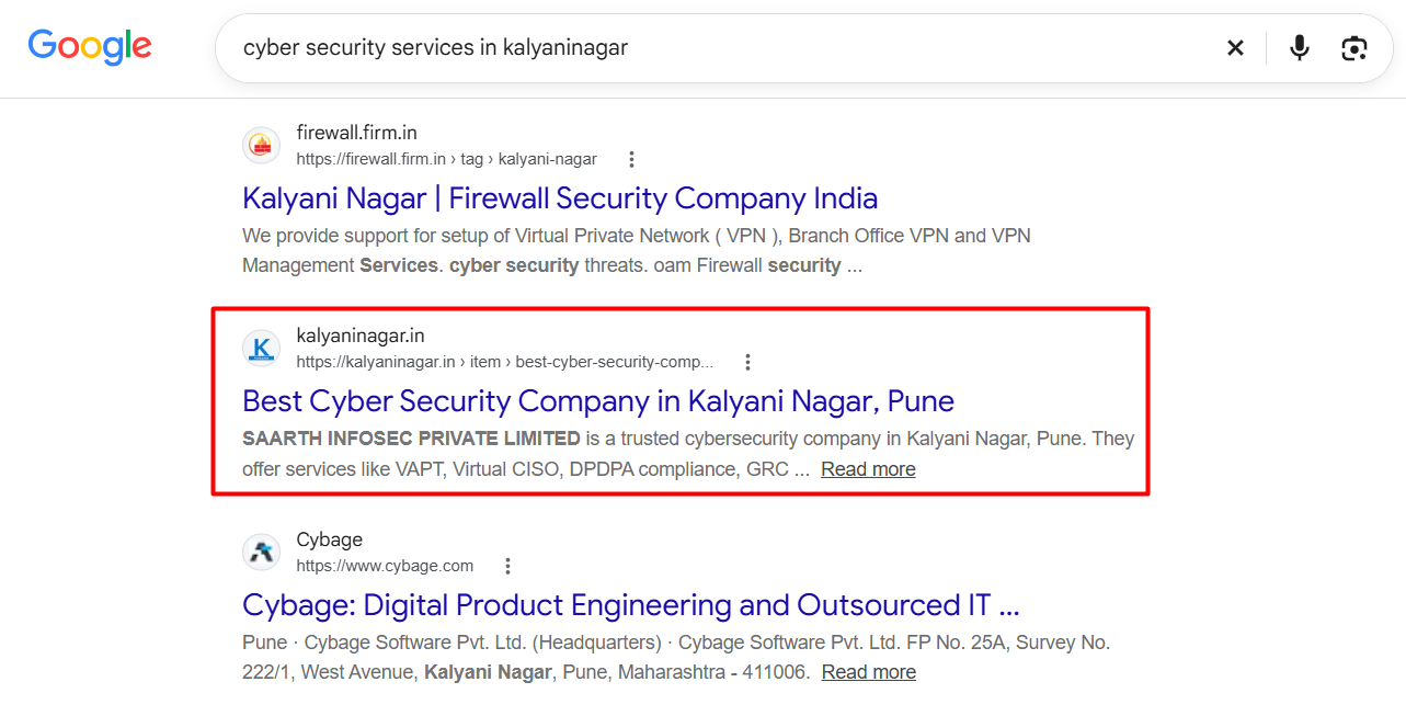 KalyaniNagar.in cybersecurity listing appearing in Google Search for cyber security services in Kalyani Nagar