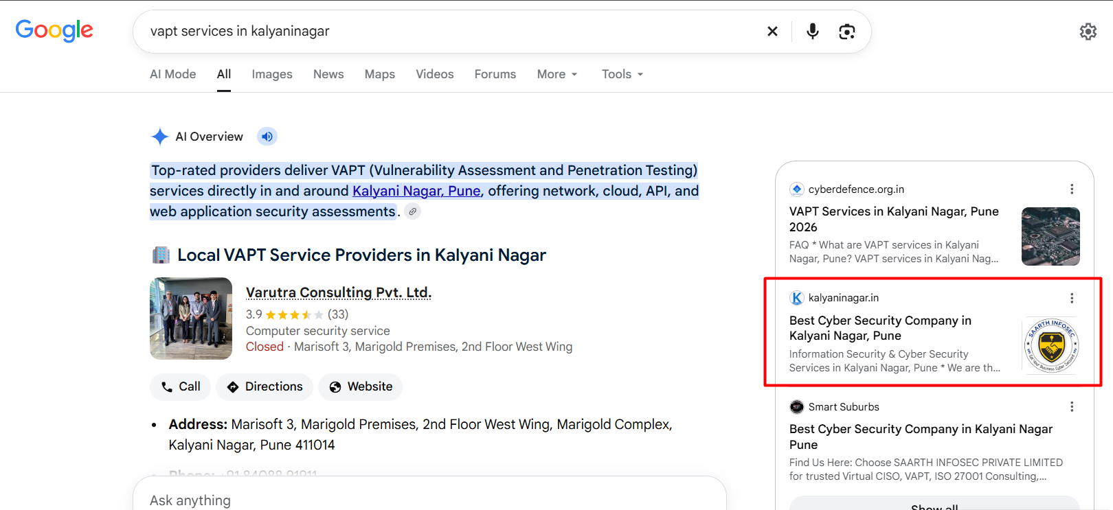 KalyaniNagar.in cybersecurity listing surfaced in Google AI Overview for VAPT services in Kalyani Nagar